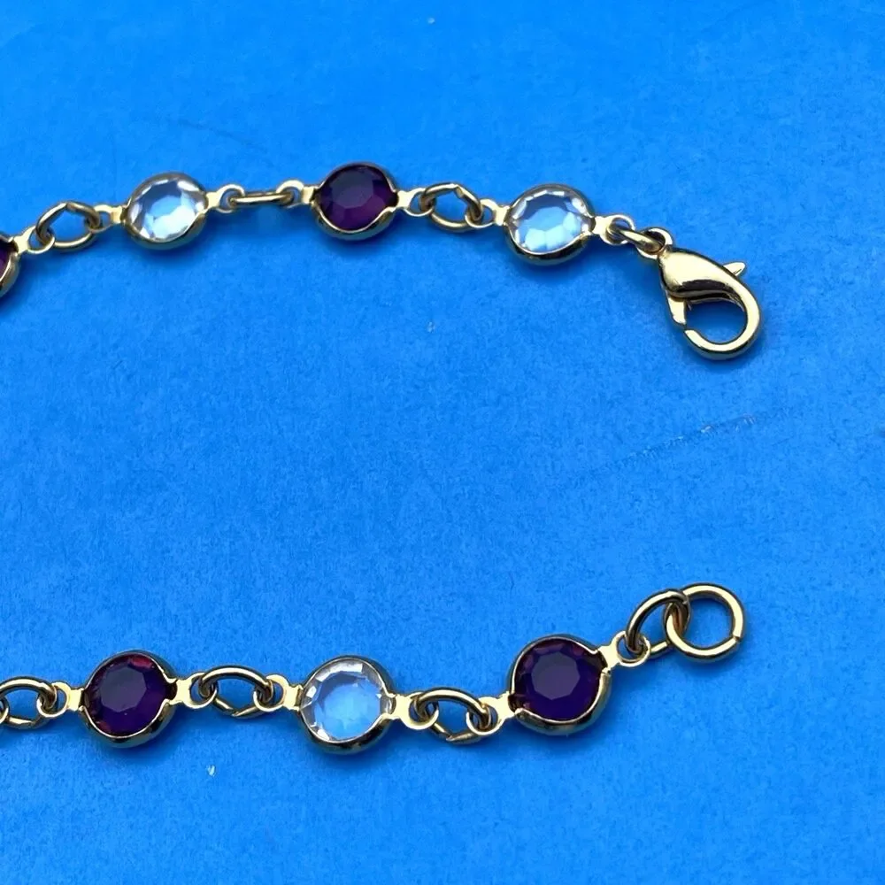 Vintage Gold Tone Purple Blue Crystal Bezel Station Link Bracelet 7 1/4 In Retro